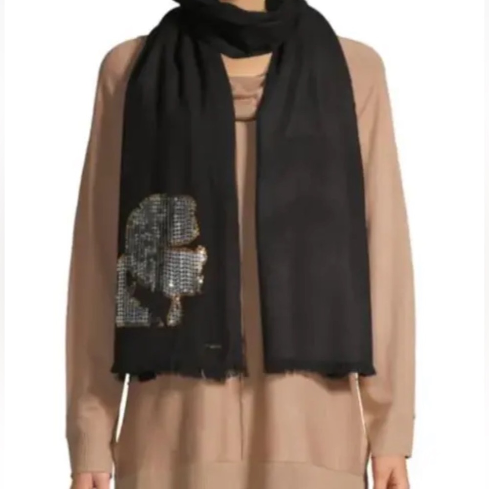 🔥 New KARL LAGERFELD PARIS Fringed Black Sequin-Accent Scarf Shawl